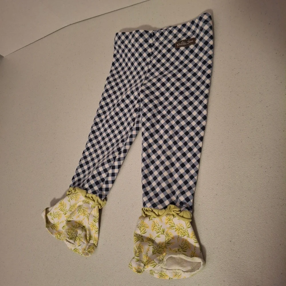Matilda Jane Gingham Ruffle Leggings Blue White Yellow Floral Kids Size 2